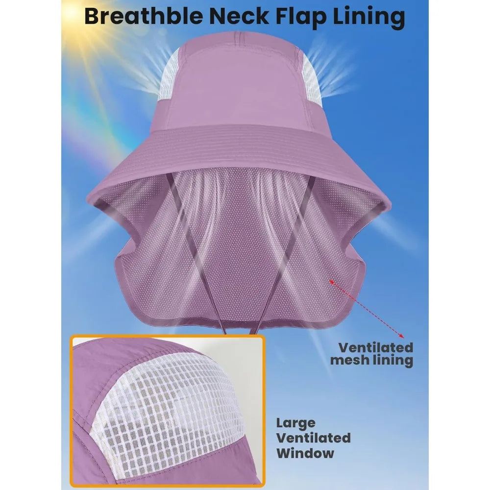 Sun Hats for Women UV Protection with Neck Flap Wide Brim Beach Hats with Ponytail Hole for Hiking Fishing Gardening Travel
