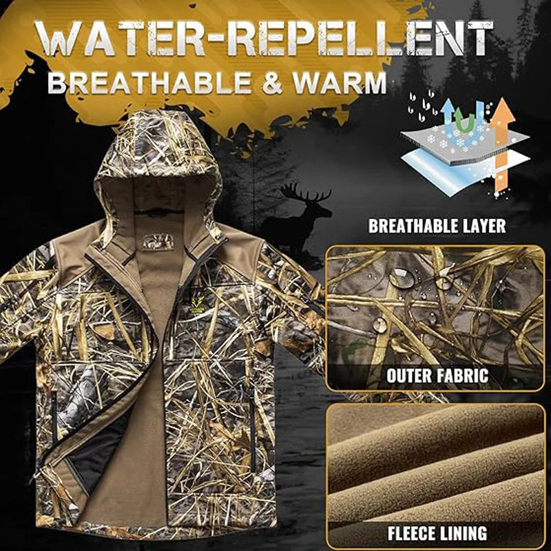 Quiet Hunting Jacket Softshell Fleece-Lined Camouflage Clothes Clothing Gear Hoodie Coat For Men