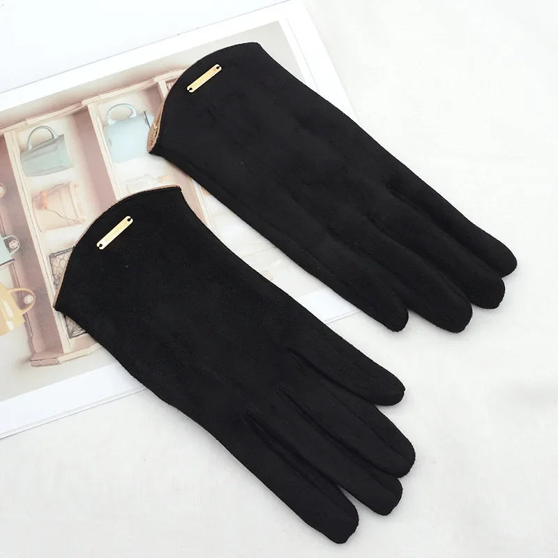 Women Autumn Winter Keep Warm Touch Screen Thin Solid Simple Gloves Cycling Drive Suede Fabric Elegant Windproof