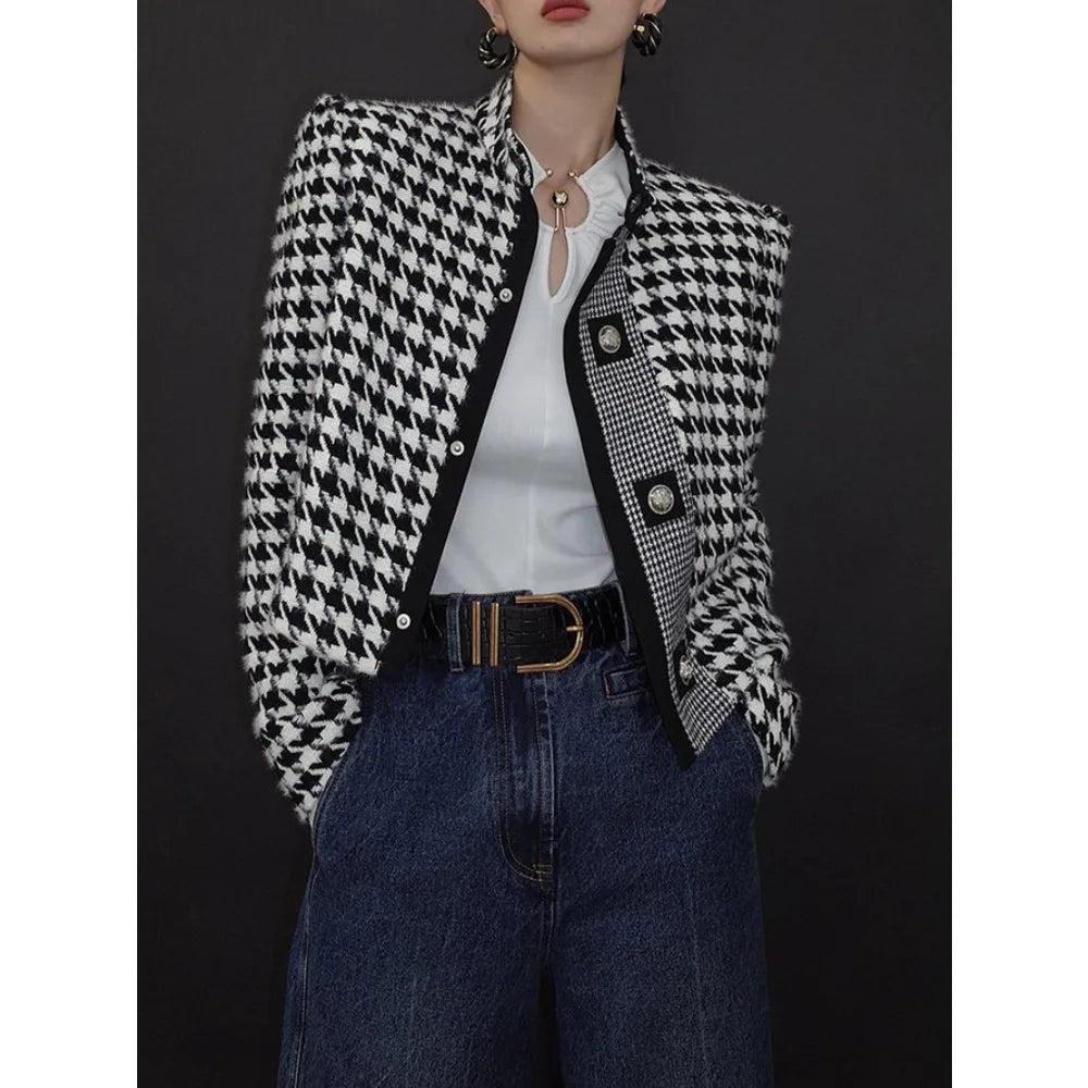 Women's Houndstooth Outerwears & Jacket Stand Collar Long Sleeves Autumn Winter Fall Clothes 2024 Women Classics Coat