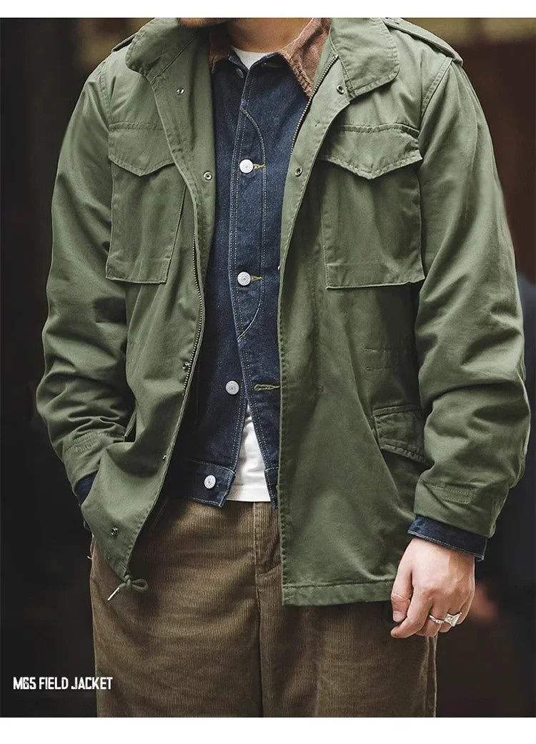 M65 Field Jacket, Men's Military Jacket, Retro Multi Pocket Collar Zipper Jacket, 100% Cotton
