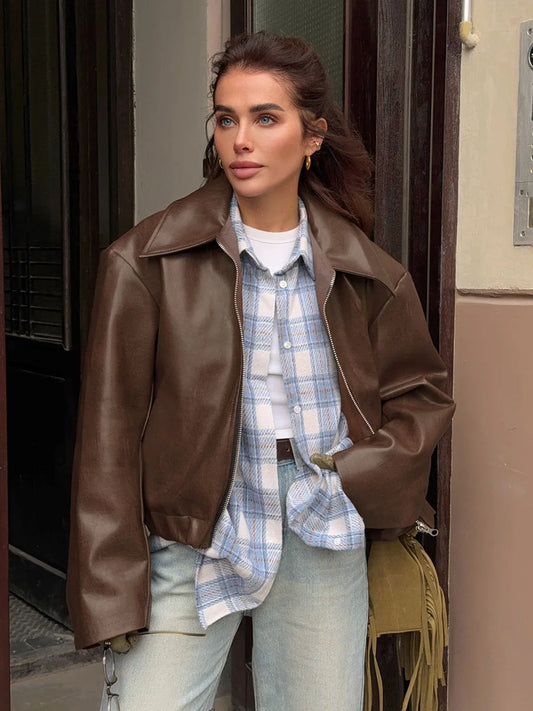 Retro motorcycle style wine red PU leather jacket for women 2025 autumn fashion matte leather jacket jacket