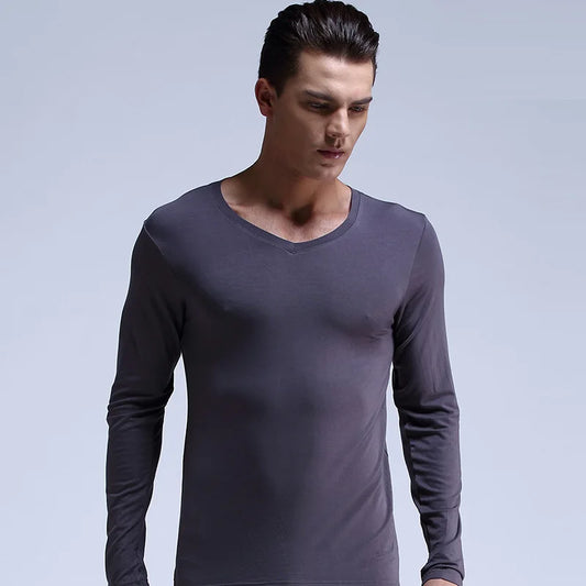 Mens Thermal Undershirt Long-sleeve Men Thermal Shirt V-neck Thin Underwear Top Autumn Winter Underwear