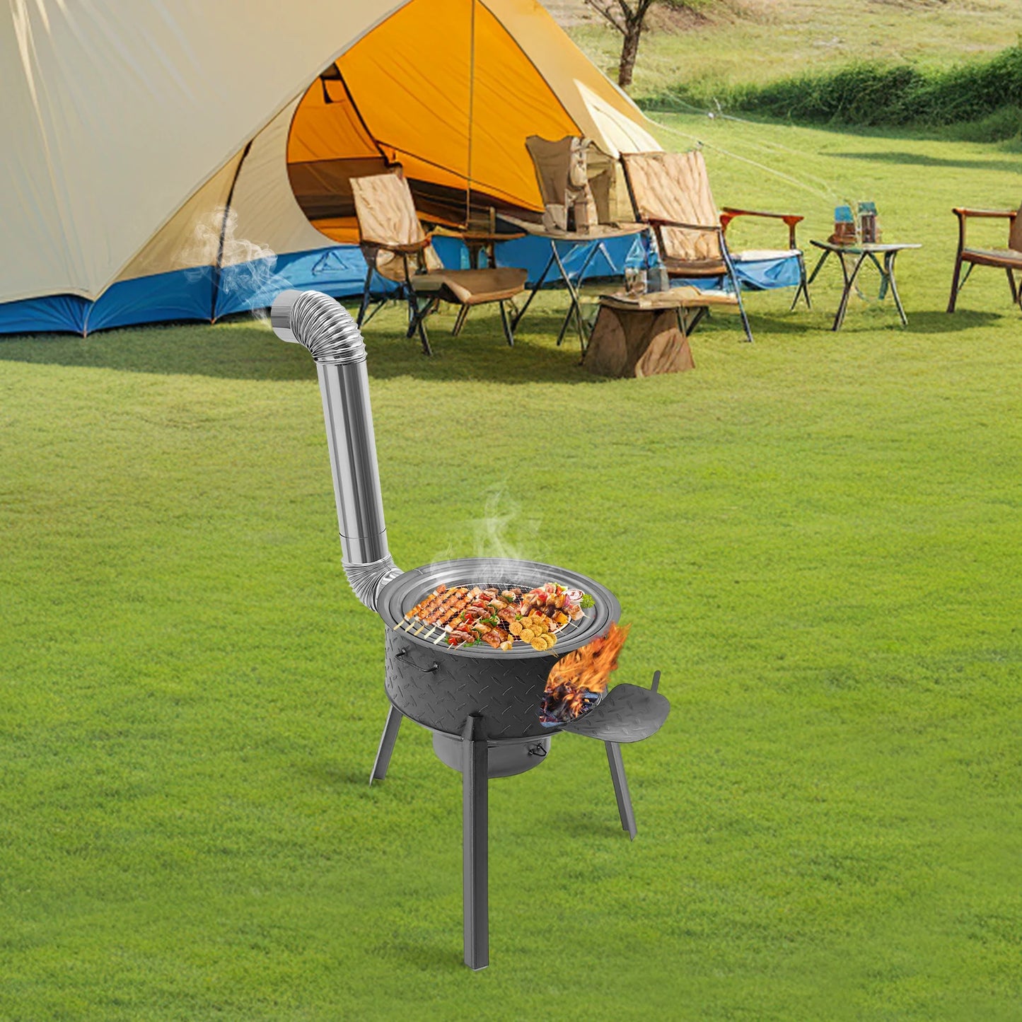 Wood Burning Stove with 3 Wok Rings Multifunction Camping Rocket Stove  for Outdoor Backyard Cooking