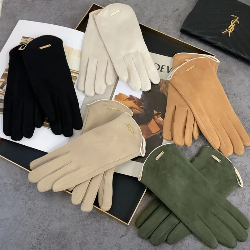 Women Autumn Winter Keep Warm Touch Screen Thin Solid Simple Gloves Cycling Drive Suede Fabric Elegant Windproof