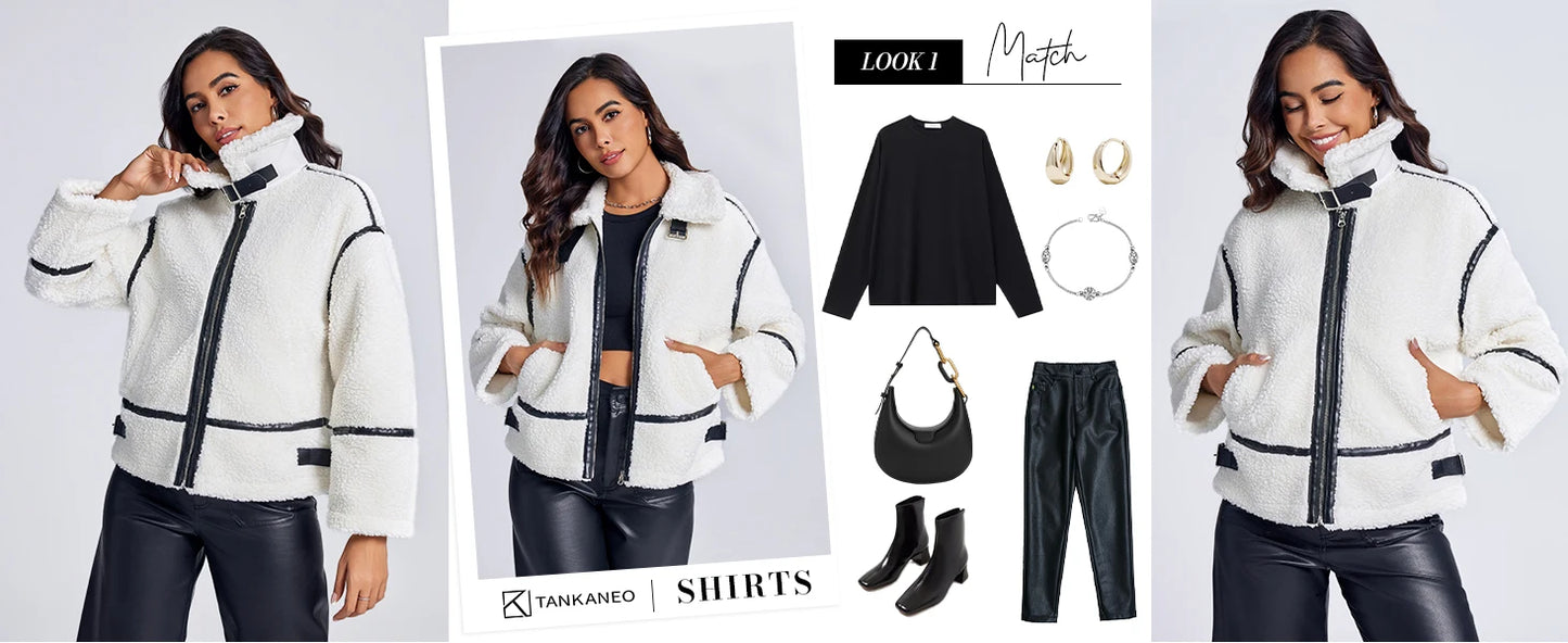 Womens Winter Autumn Daily 2025 Faux Fur Jackets Winter Trendy Sherpa Moto Leather Patchwork Zip Up Coat