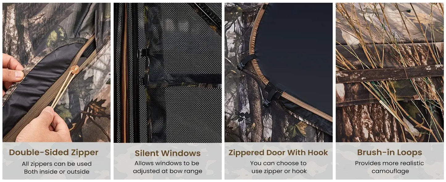 A—Hunting Blind 300D See Through Ground Blinds with Carrying Bag, 2/3/4 Person 270 Degree 2 Doors Pop Up Deer Blind Portable