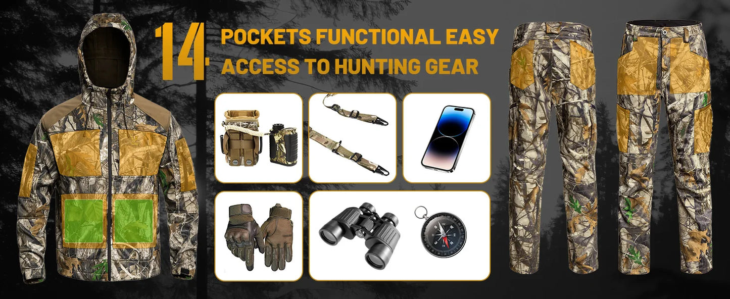 Quiet Hunting Pants Softshell Fleece-Lined Camouflage Clothes Clothing Gear for Men