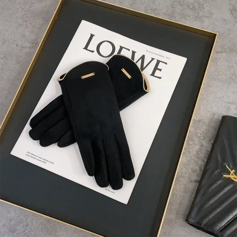 Women Autumn Winter Keep Warm Touch Screen Thin Solid Simple Gloves Cycling Drive Suede Fabric Elegant Windproof