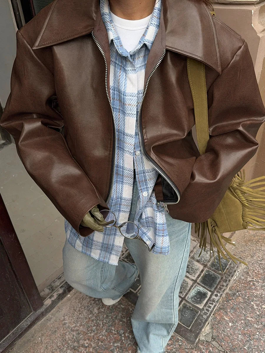 Retro motorcycle style wine red PU leather jacket for women 2025 autumn fashion matte leather jacket jacket