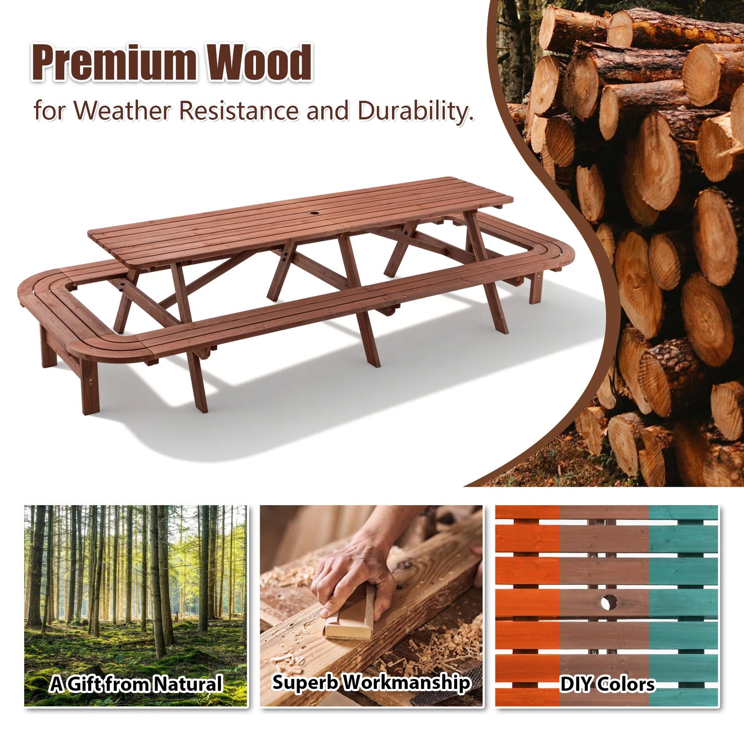 "16-Person Wooden Picnic Table w/ Umbrella Hole, Durable Outdoor Furniture for Patio, BBQ, Deck"