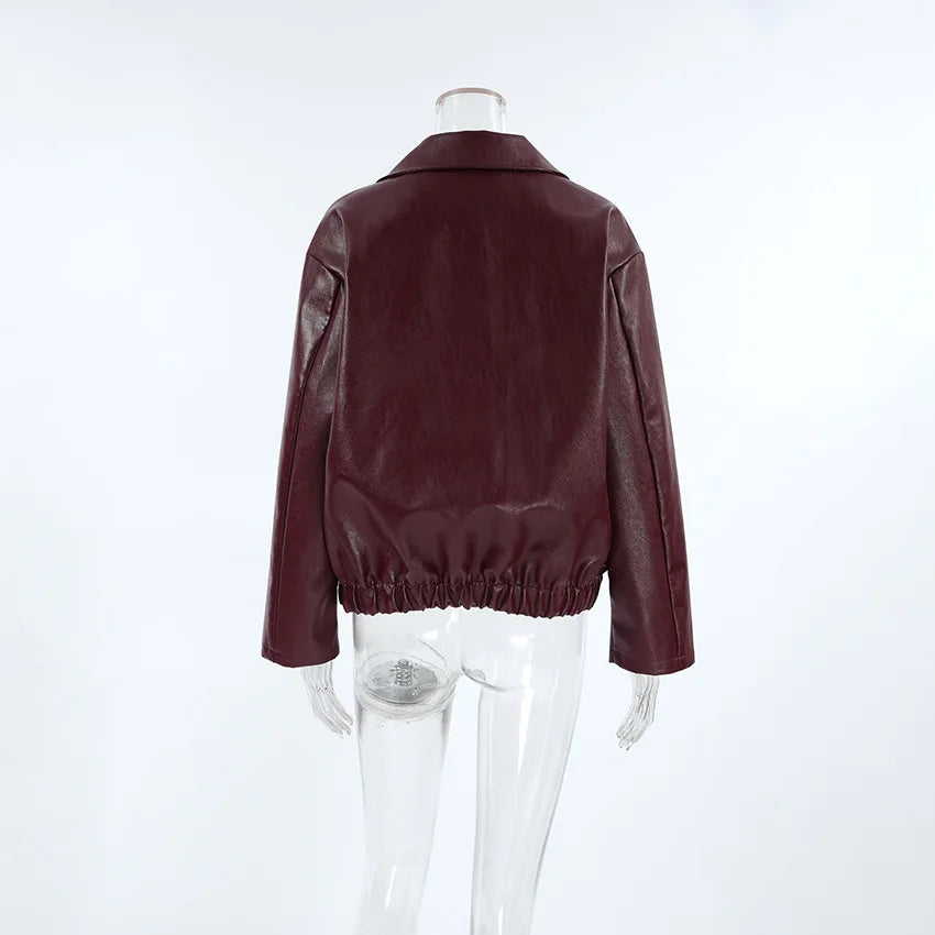 Retro motorcycle style wine red PU leather jacket for women 2025 autumn fashion matte leather jacket jacket
