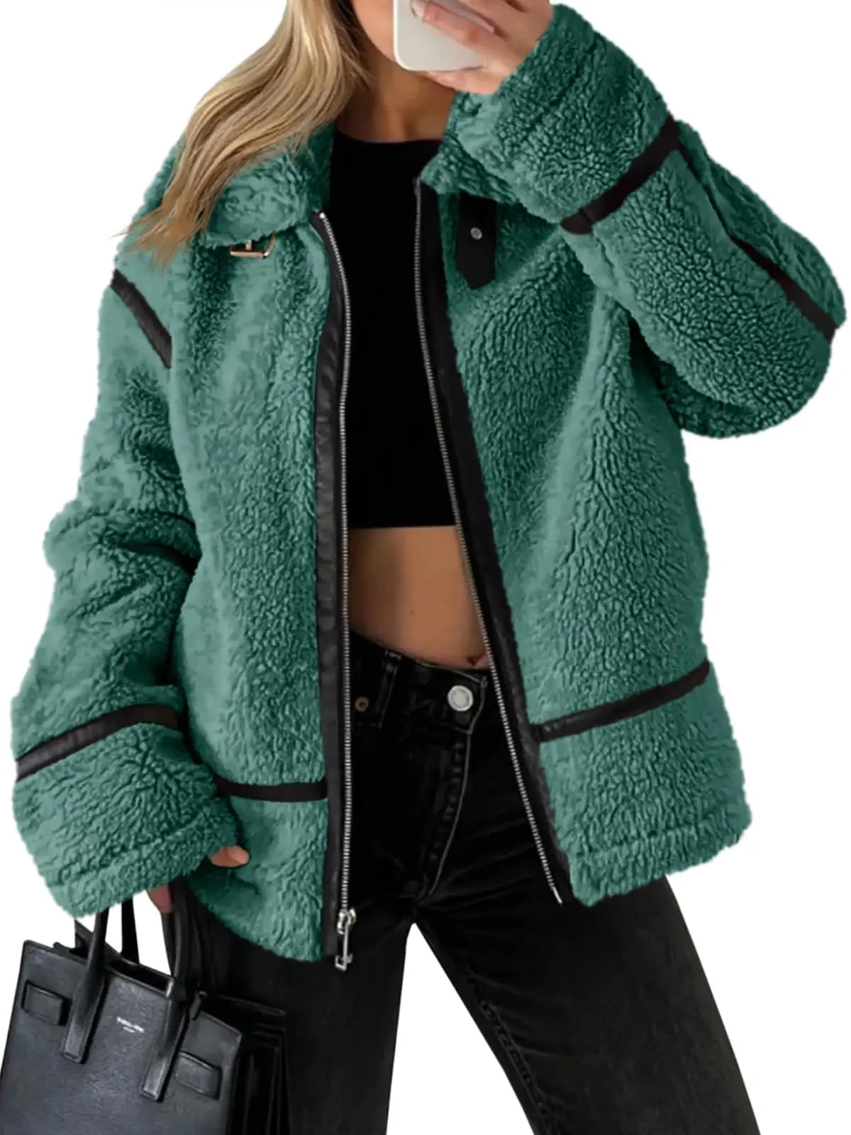 Womens Winter Autumn Daily 2025 Faux Fur Jackets Winter Trendy Sherpa Moto Leather Patchwork Zip Up Coat