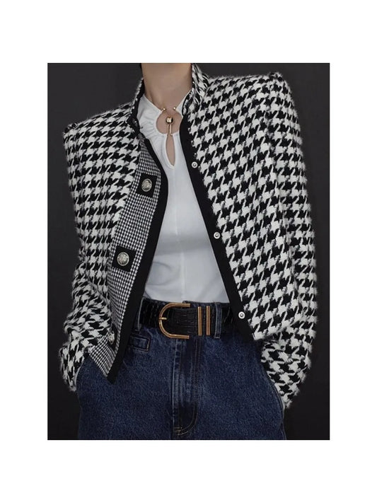Women's Houndstooth Outerwears & Jacket Stand Collar Long Sleeves Autumn Winter Fall Clothes 2024 Women Classics Coat