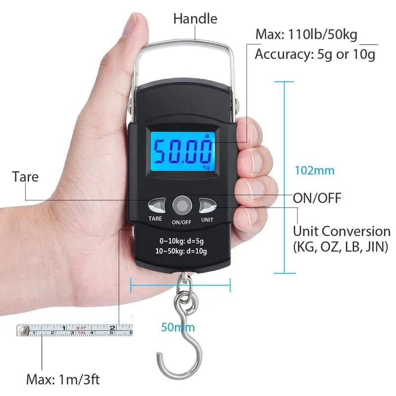 FLYSAND 110lb/50kg Electronic Scale Backlit LCD Display  with Measuring Tape Balance Digital Fishing Hanging Hook Scale Tool