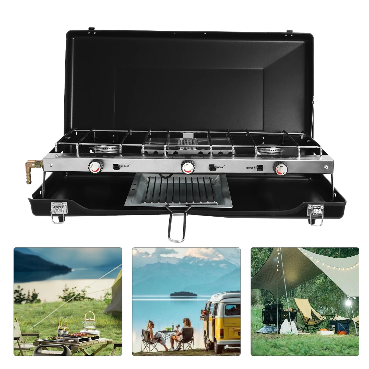 Portable Camping Stove with Griddle 3 Burner Propane Gas Stove Adjustable Windshield Folding for camping, barbecues, parties