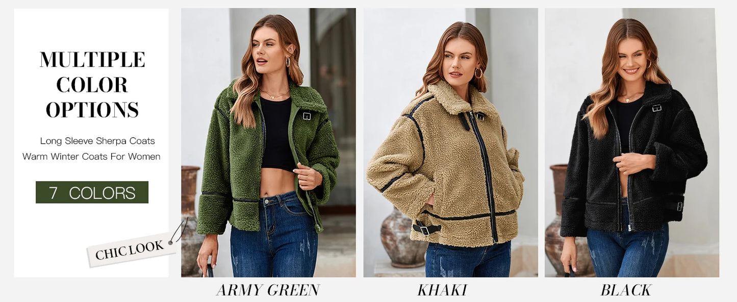 Womens Winter Autumn Daily 2025 Faux Fur Jackets Winter Trendy Sherpa Moto Leather Patchwork Zip Up Coat