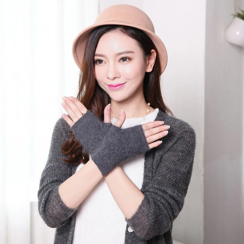 Mink Cashmere Gloves Autumn Winter Women Girl Gloves Fingerless Warm Knitted Wool Mitten Wrist Length Thumb Hole Mitts Fashion