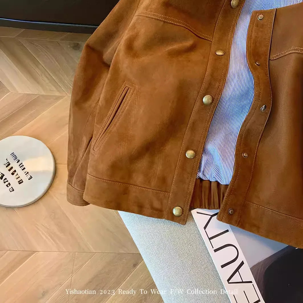 Retro Brown Suede Mermaid Jacket Women Spring Autumn Loose Casual Short Coat Design Top for 2025