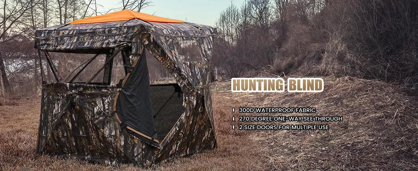 A—Hunting Blind 300D See Through Ground Blinds with Carrying Bag, 2/3/4 Person 270 Degree 2 Doors Pop Up Deer Blind Portable