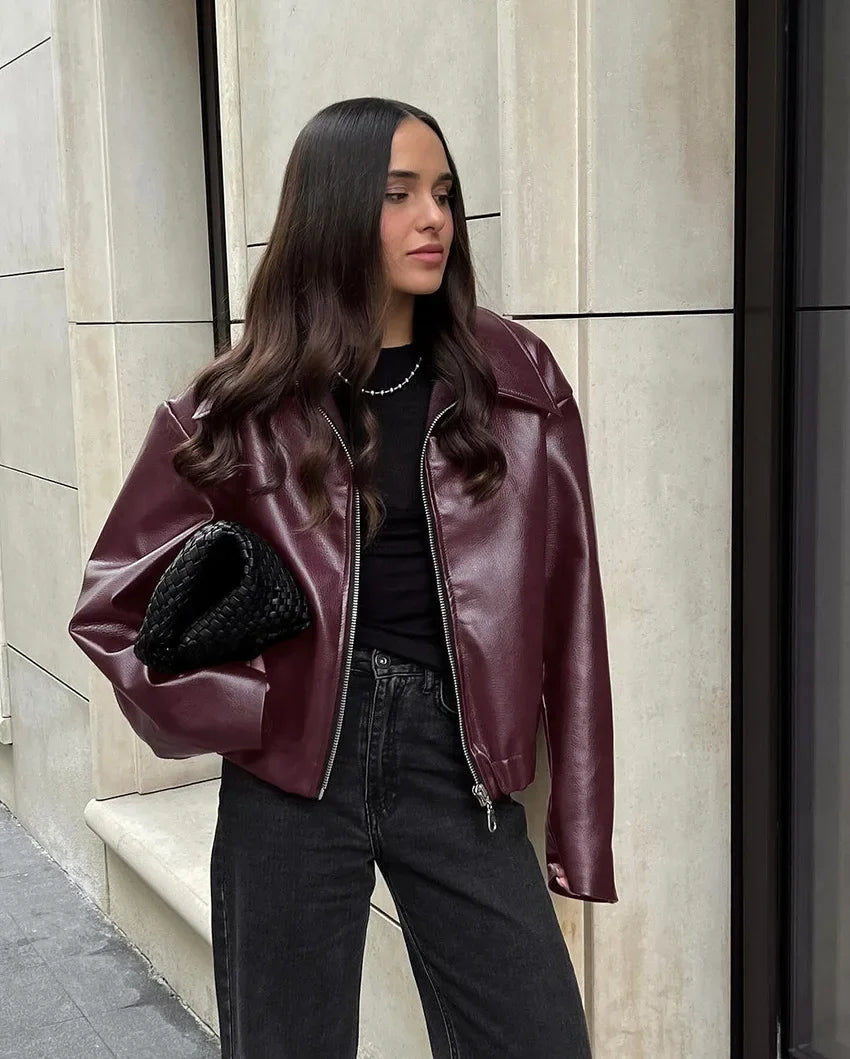 Retro motorcycle style wine red PU leather jacket for women 2025 autumn fashion matte leather jacket jacket