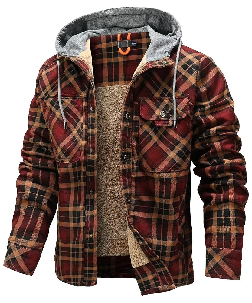 Men's Jackets Winter Hooded Warm Coat Casual Thicken Plaid Work Flannel Snap Sherpa Lined Fleece Clothing US Size