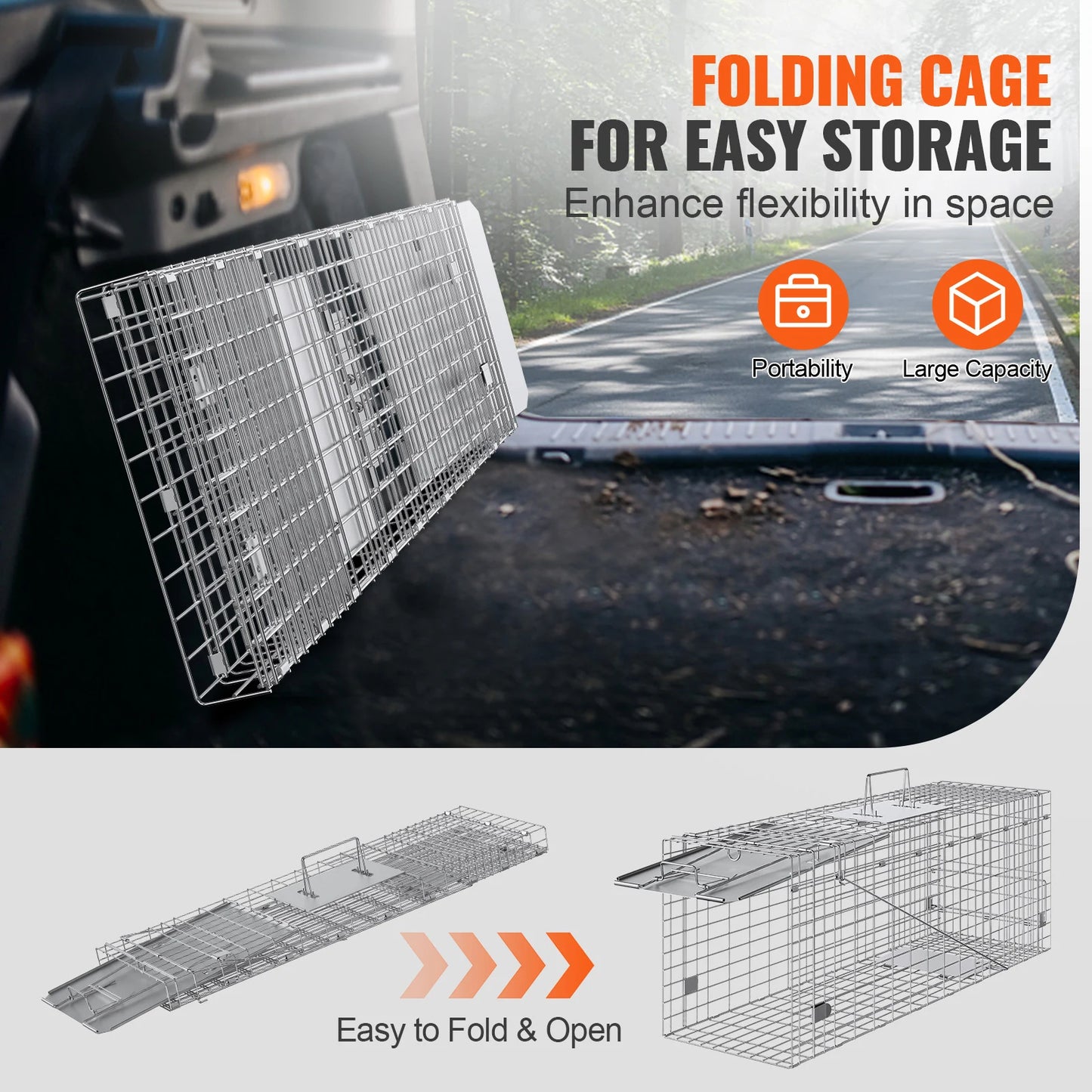 SucceBuy 24/31/42/50in Animal Cage Trap Folding Humane Cat Trap Galvanized Iron with Handle for Rabbits Squirrels Groundhogs