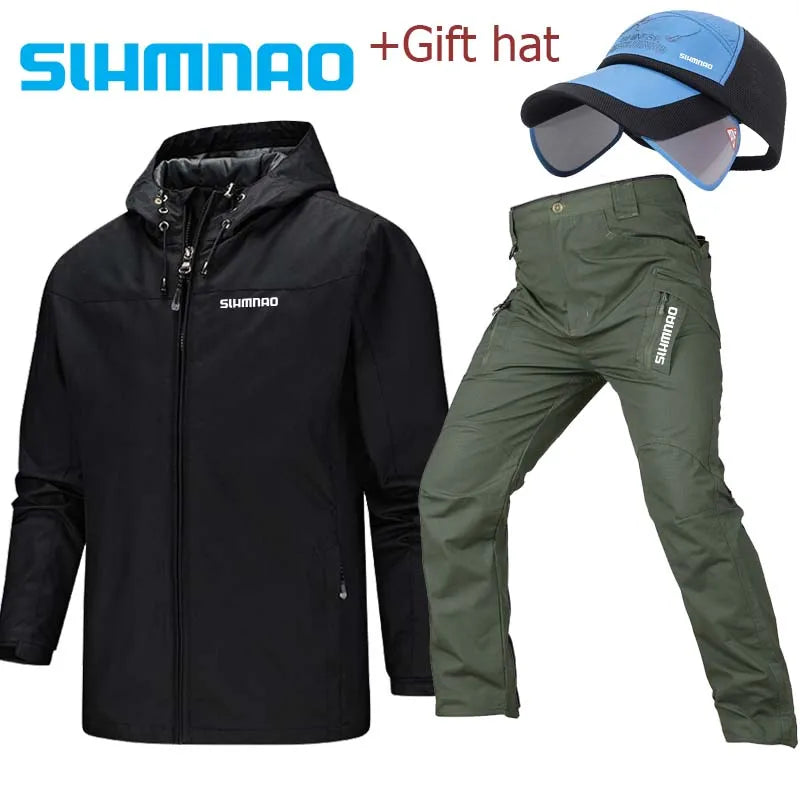 2025 Spring and Autumn Hooded Waterproof Fishing Set, Outdoor Hunting Tactical Pants, Mountaineering Cycling Clothes