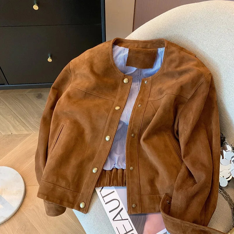 Retro Brown Suede Mermaid Jacket Women Spring Autumn Loose Casual Short Coat Design Top for 2025
