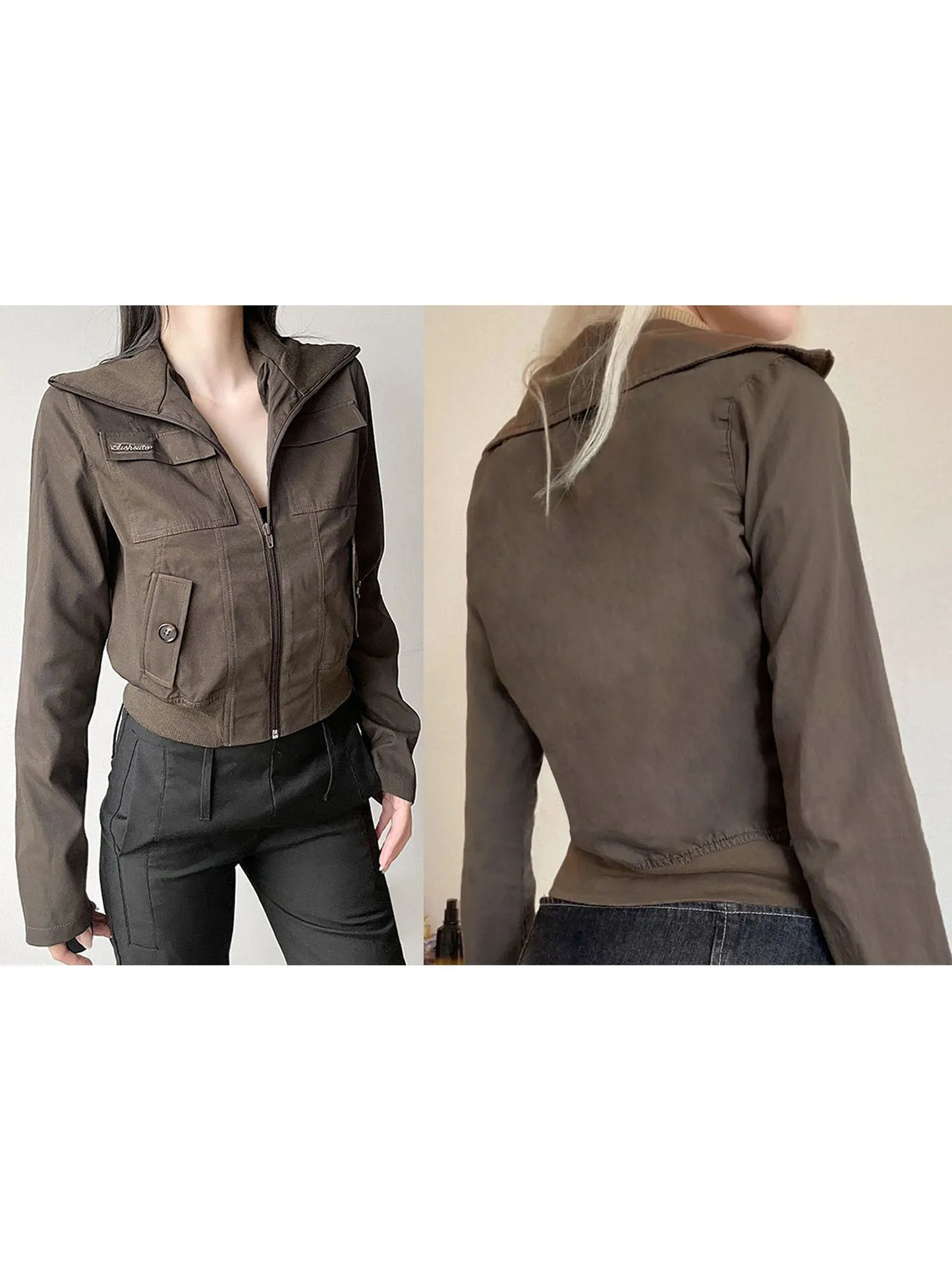 Women s Military Style Utility Jacket with Multiple Pockets and Drawstring Waist Casual Long Sleeve Zip Up Coat