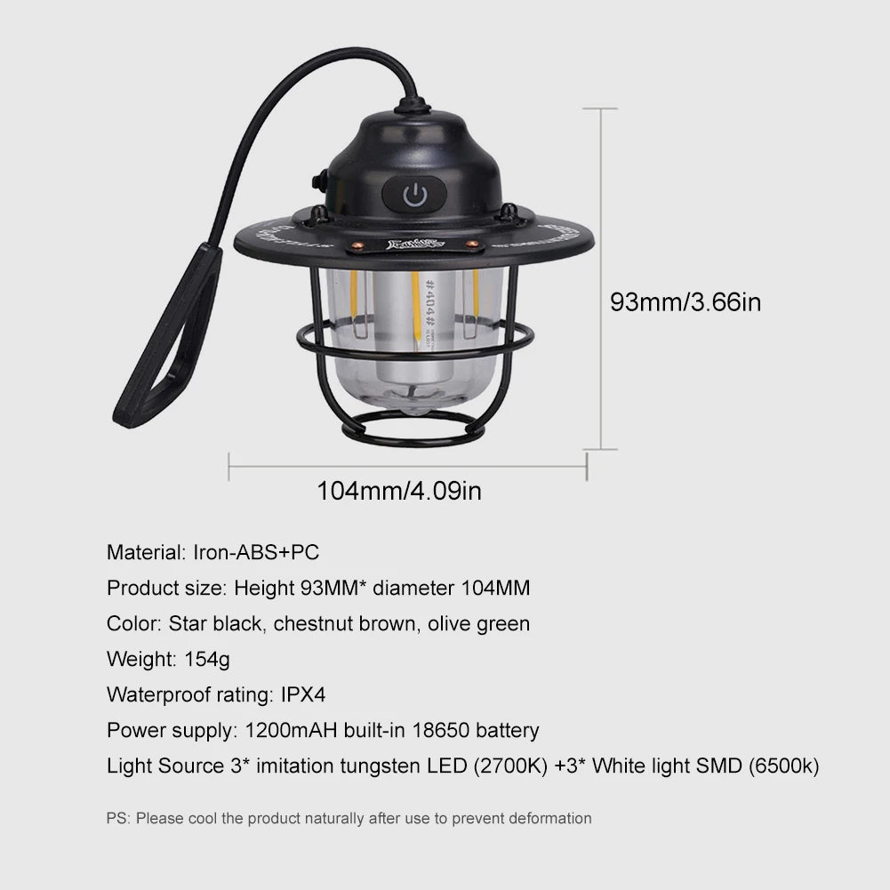 LED Camping Lantern Dimming Emergency Lamp Type C Charging Retro Camping Light 4 Light Modes Multifunction for Fishing Camping