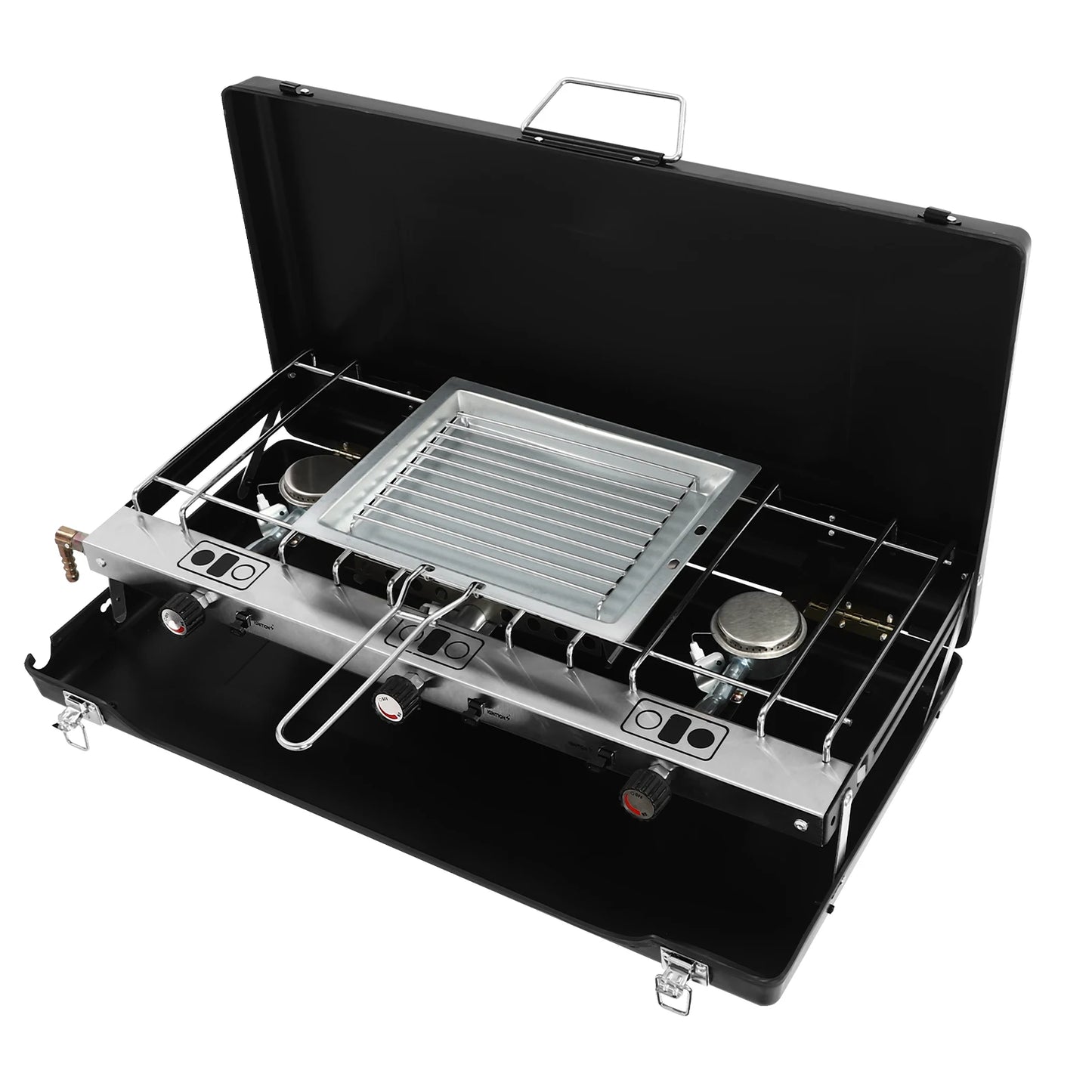Portable Camping Stove with Griddle 3 Burner Propane Gas Stove Adjustable Windshield Folding for camping, barbecues, parties