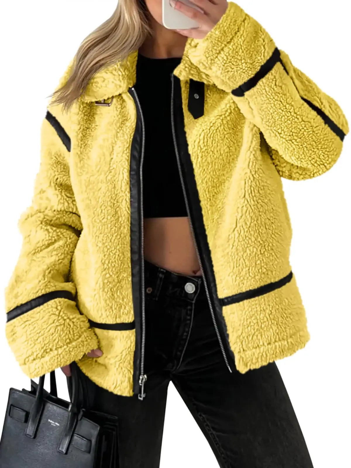 Womens Winter Autumn Daily 2025 Faux Fur Jackets Winter Trendy Sherpa Moto Leather Patchwork Zip Up Coat