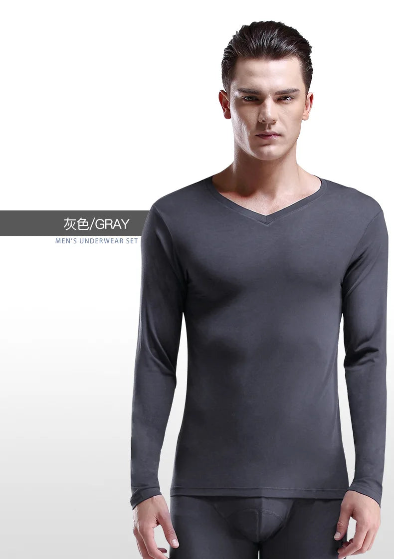 Mens Thermal Undershirt Long-sleeve Men Thermal Shirt V-neck Thin Underwear Top Autumn Winter Underwear