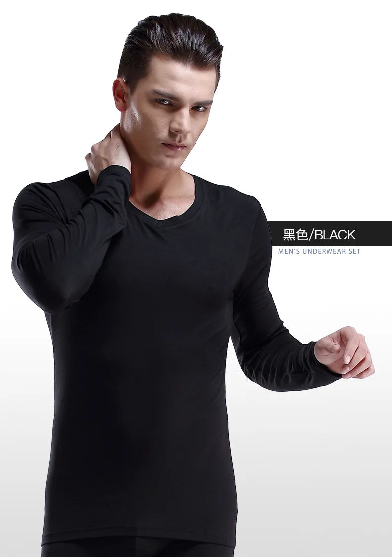 Mens Thermal Undershirt Long-sleeve Men Thermal Shirt V-neck Thin Underwear Top Autumn Winter Underwear