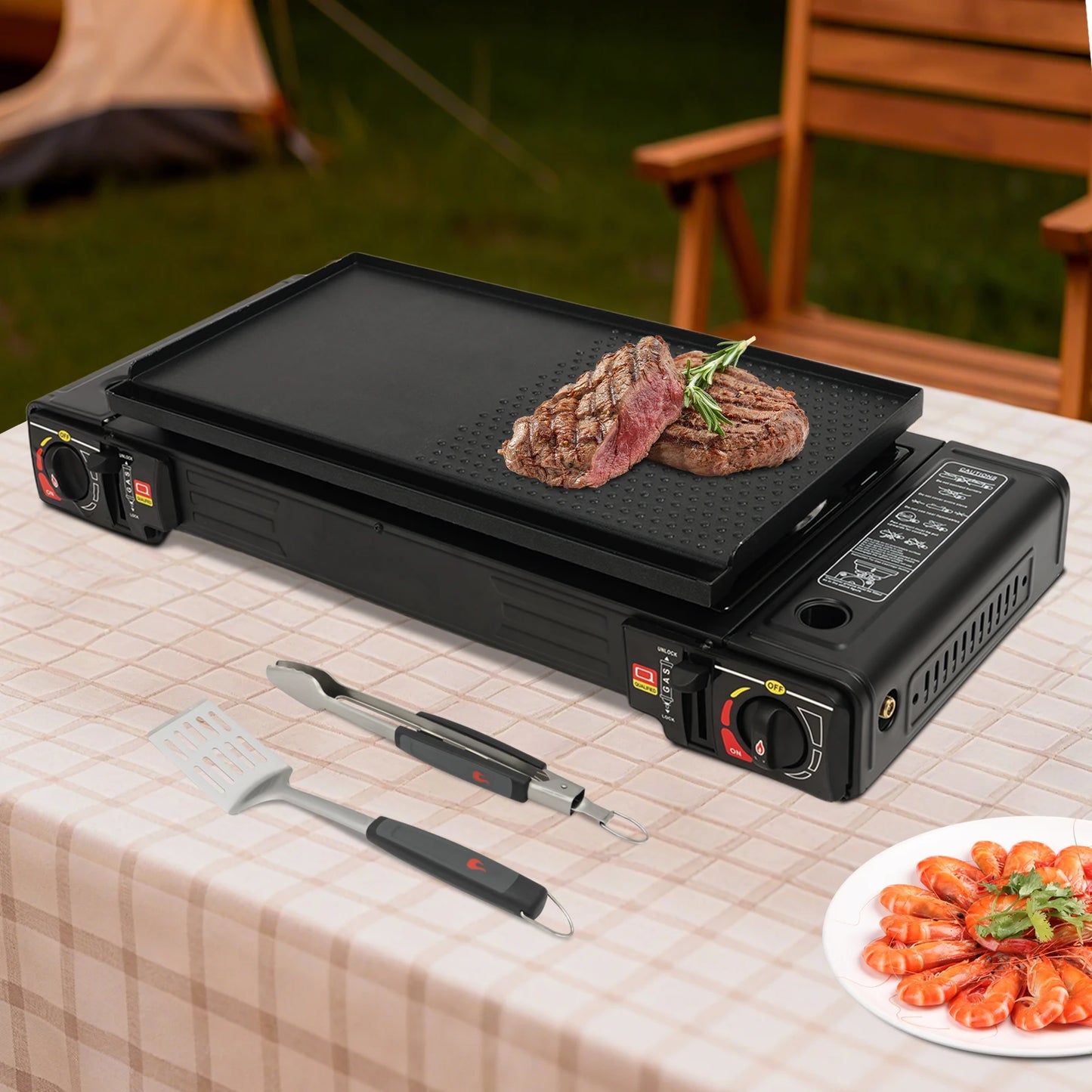 Portable Camping Stove Double Head Barbecue Gas stove with  2 Burners&Baking Tray for Home Application Outdoor Camping