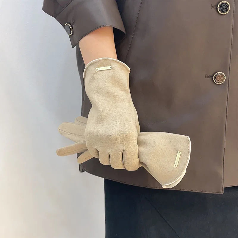 Women Autumn Winter Keep Warm Touch Screen Thin Solid Simple Gloves Cycling Drive Suede Fabric Elegant Windproof