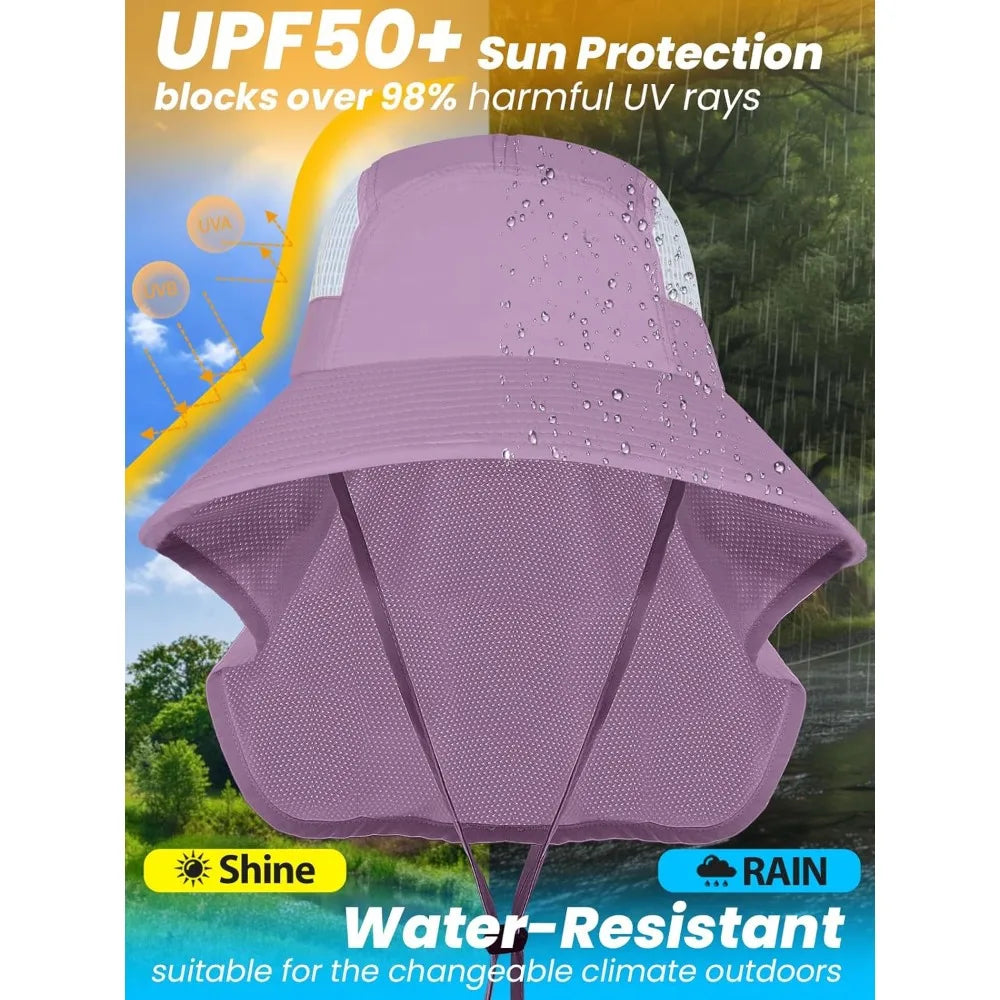 Sun Hats for Women UV Protection with Neck Flap Wide Brim Beach Hats with Ponytail Hole for Hiking Fishing Gardening Travel