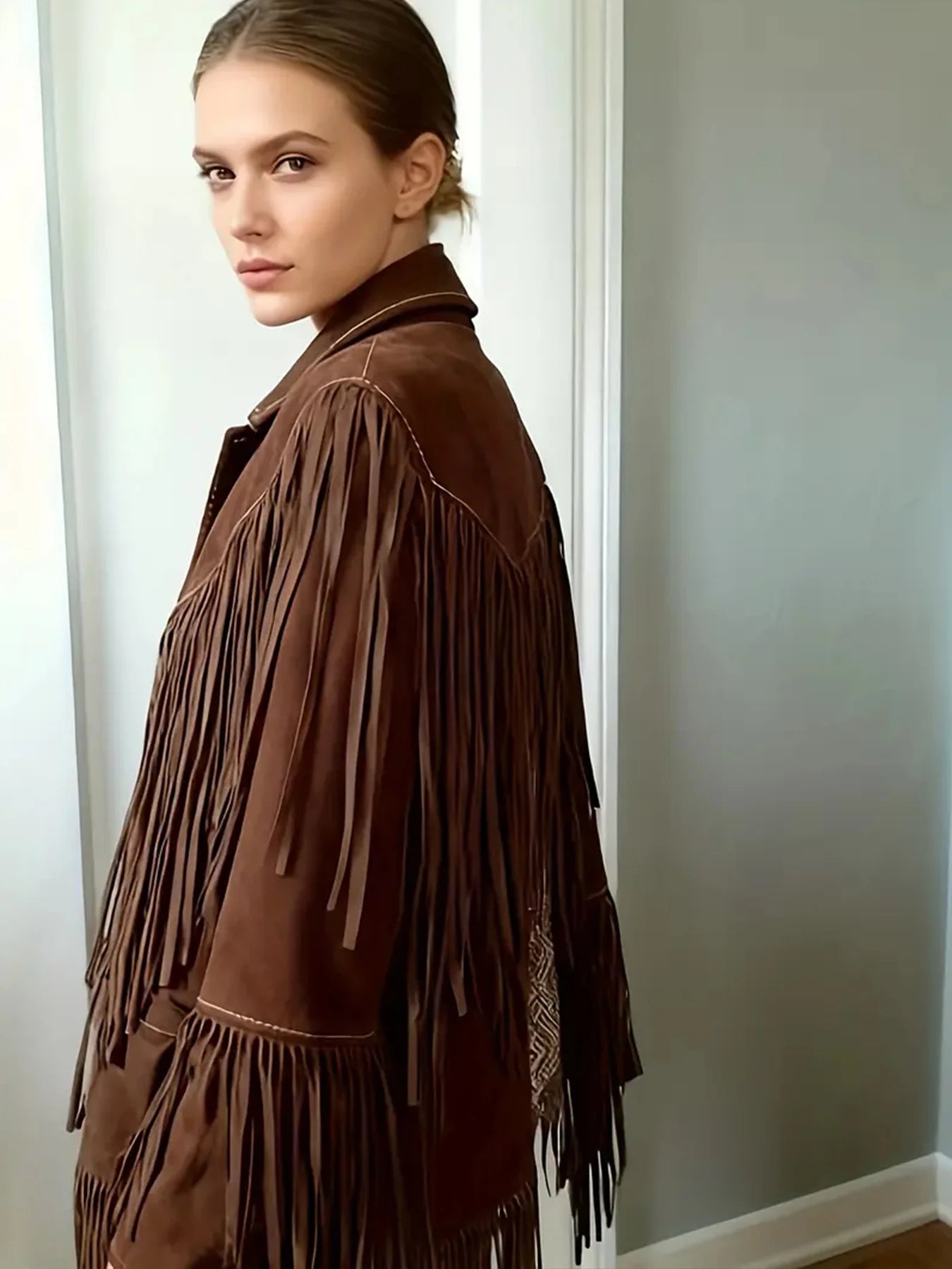 New Women's Vintage Suede Fringed Long-Sleeved Turtleneck Jacket, Western Style, Machine Washable