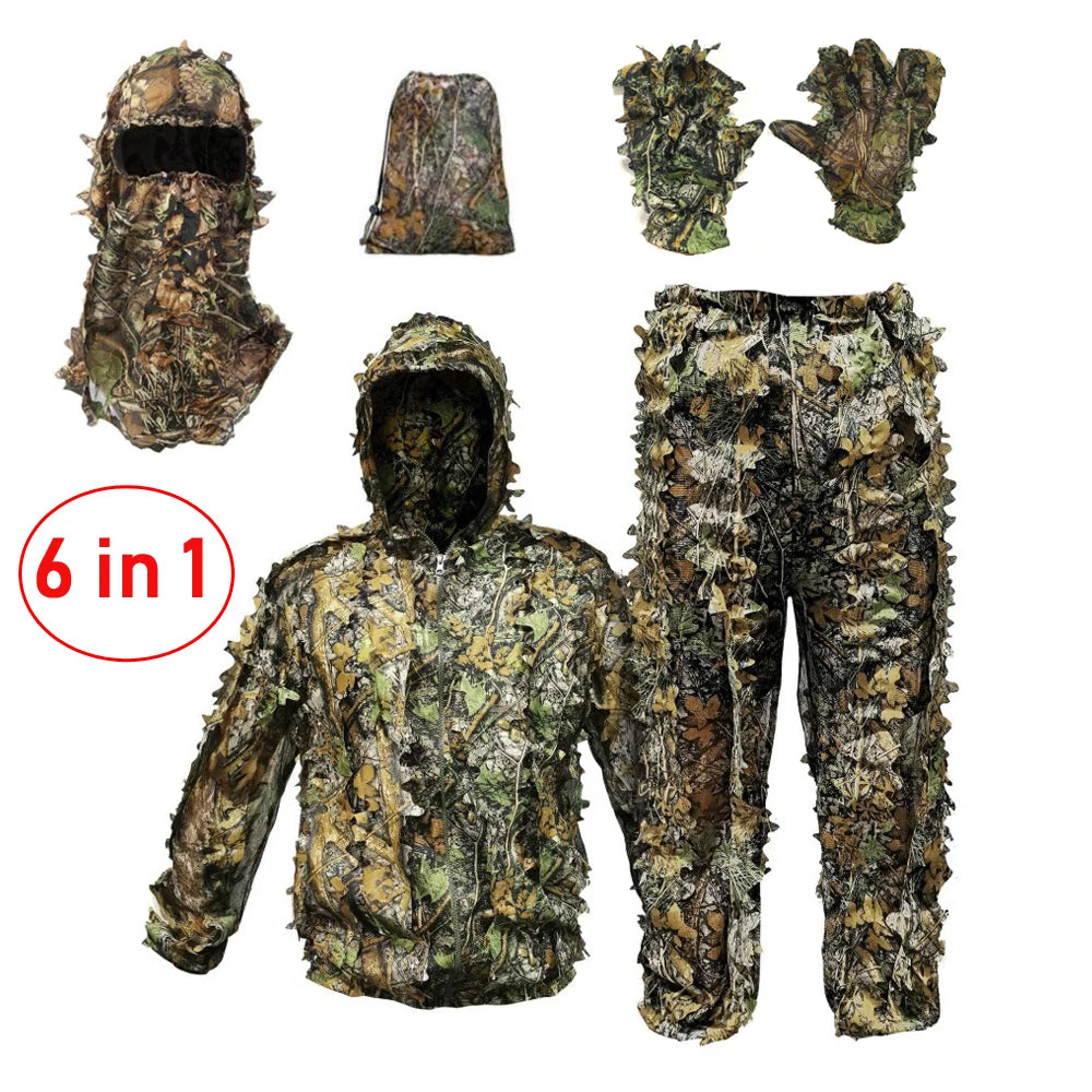 Breathable Camouflage Hunting Suit for Men Woman Lightweight and Hooded Wild Leafy Design woodland hunter ghillie suit  6 in 1