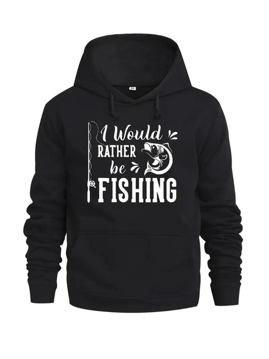 Men's Fashionable Casual Love Fishing Print Pattern Sports Loose and Plush Thick Hoodie Suitable for Holiday Gift Pullover