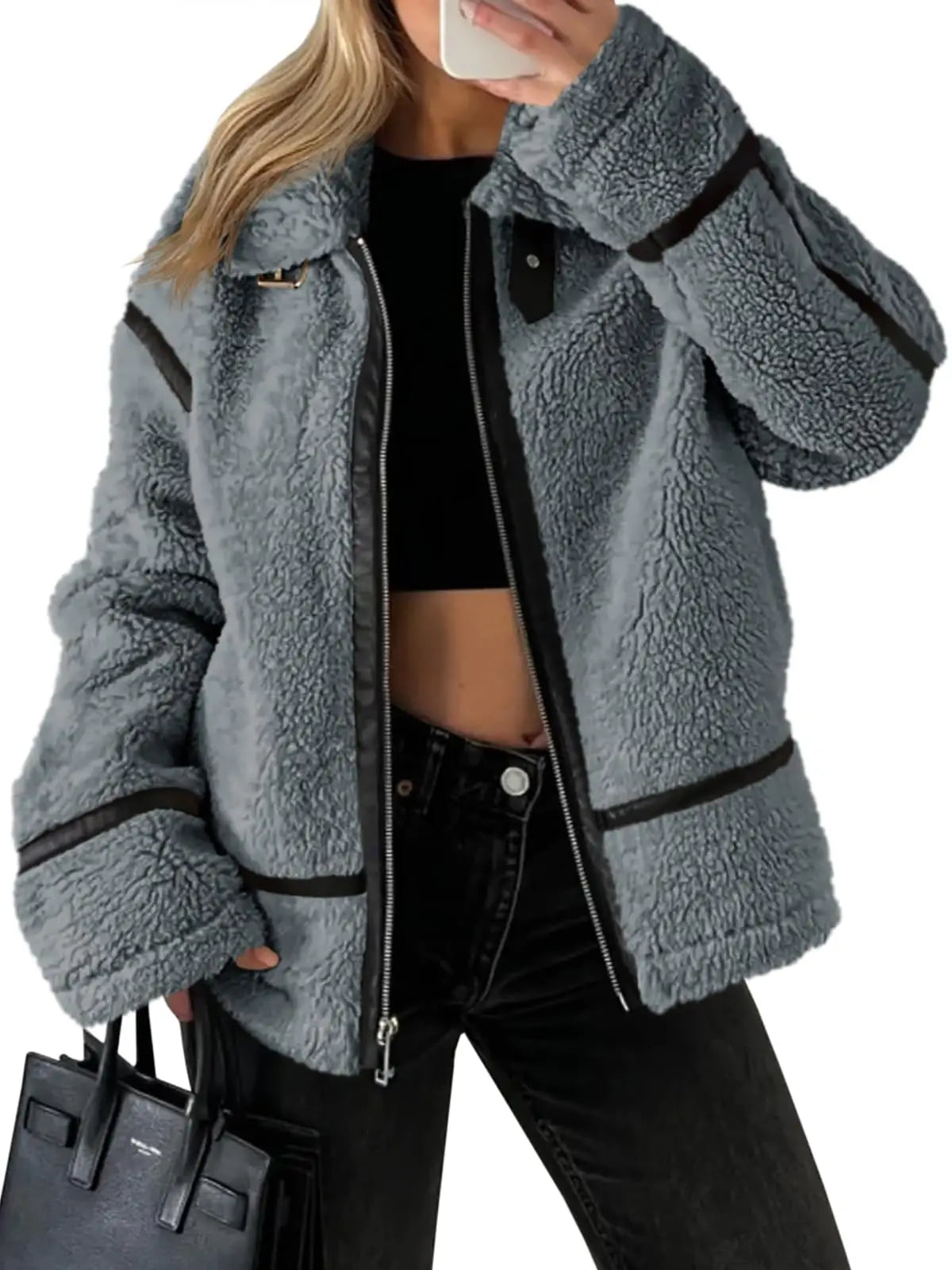 Womens Winter Autumn Daily 2025 Faux Fur Jackets Winter Trendy Sherpa Moto Leather Patchwork Zip Up Coat