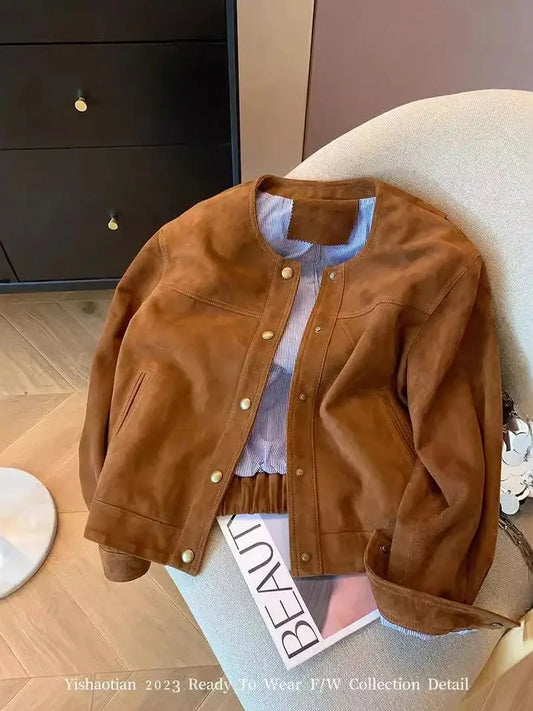 Retro Brown Suede Mermaid Jacket Women Spring Autumn Loose Casual Short Coat Design Top for 2025