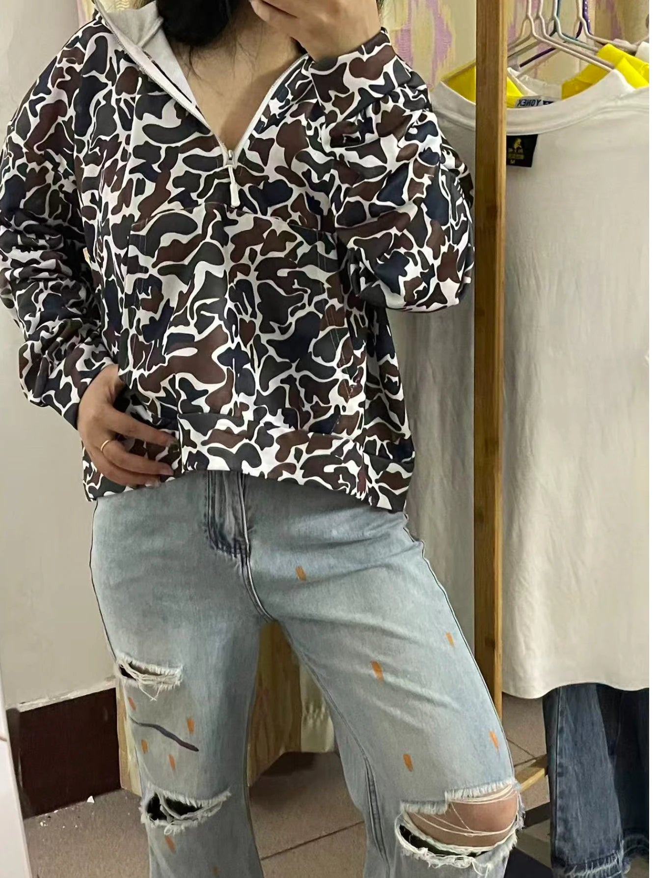 Camo Zip Up Hoodie For Women Quarter Zip Hoodie Jacket Tactical Style Cropped Sports Sweatshirt