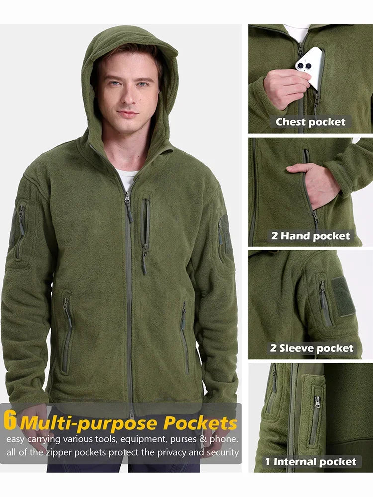 Men's Hunting Fleece Jacket Hiking Hunting Outdoor Fleece  Tactical Jacket Winter Warm Full Zip Military Hoodies Multi-Pockets