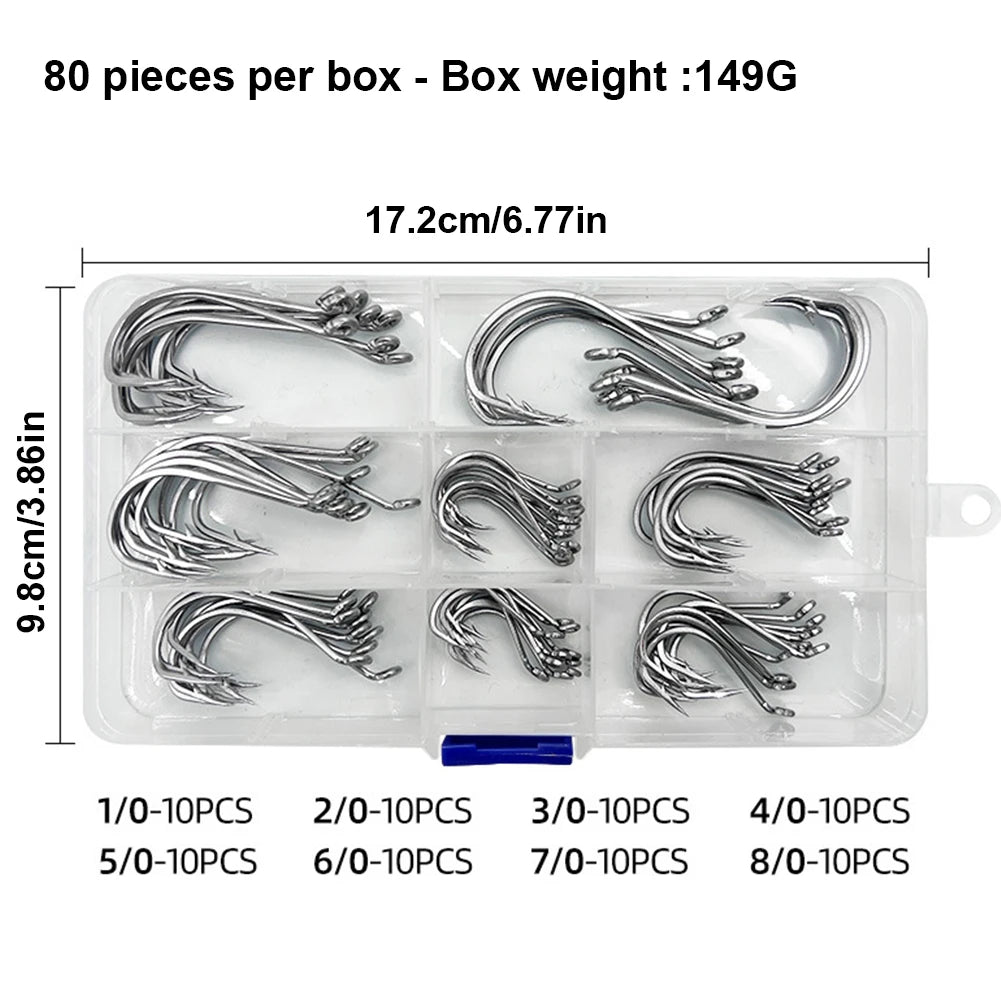 80Pcs Fishing Hooks Stainless Steel Fish Hooks Saltwater Fishing Barbed Hooks Fishing Accessories