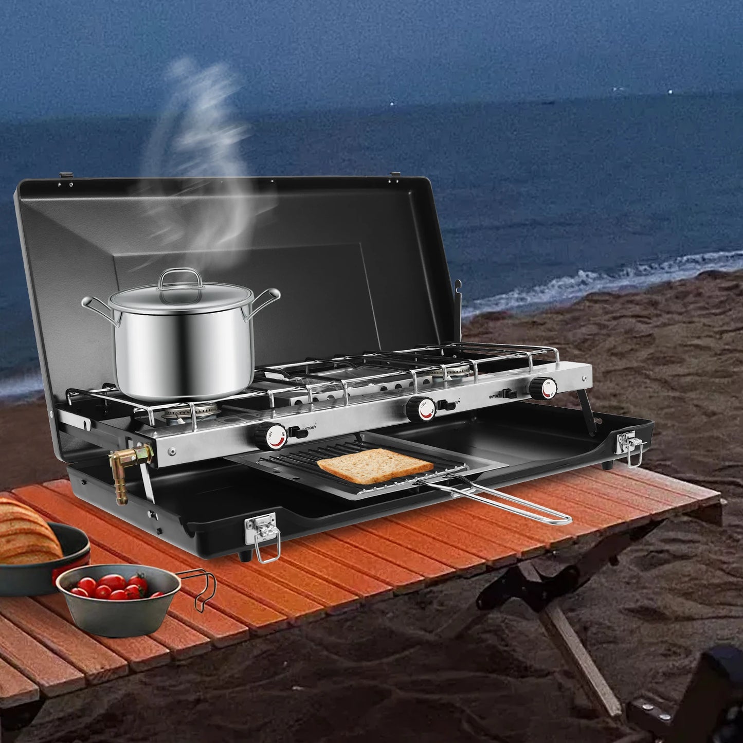 Portable Camping Stove Gas Powerful 3 Separate Burner Windshield for Tourist Picnic BBQ Outdoor Cassette Lightweight, Black