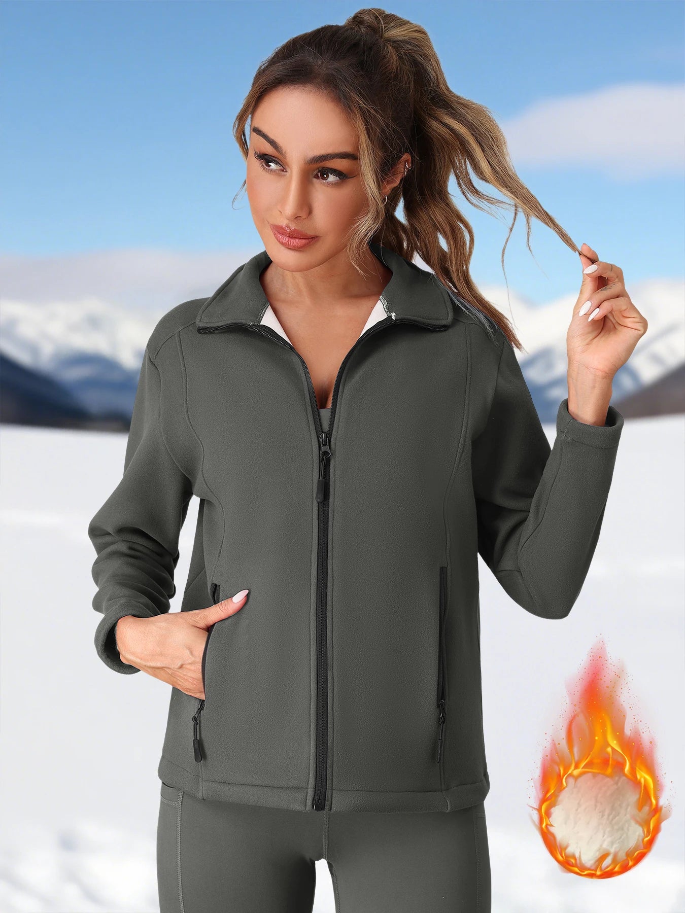 Women's Fleece Full Zip-up Casual Jackets Autumn Winter Warm Thicken Coat with Pockets Fleece Sweater Soft Outerwears