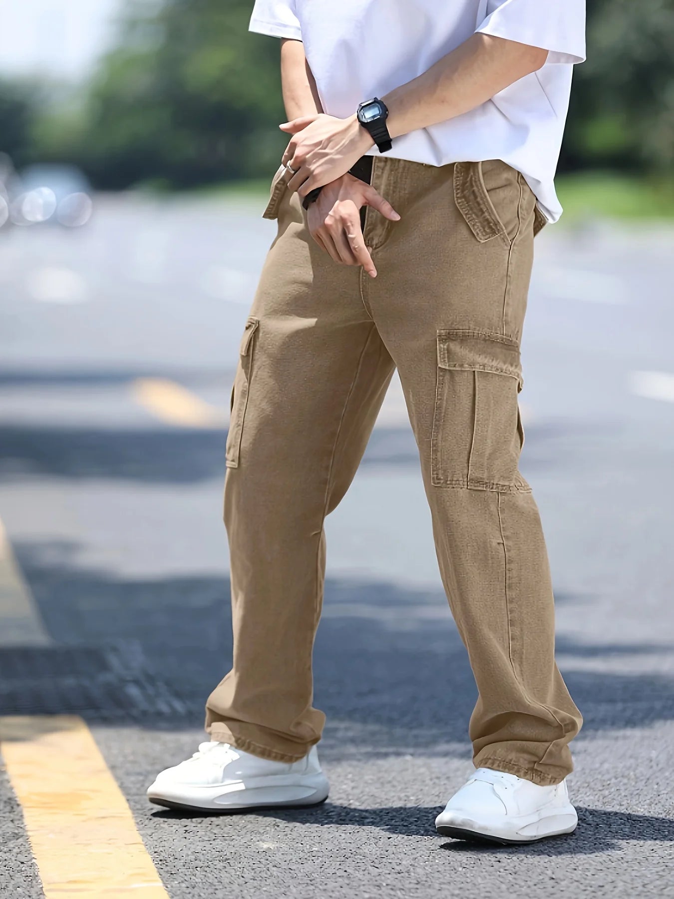 Men's multi pocket denim work pants straight leg denim pants