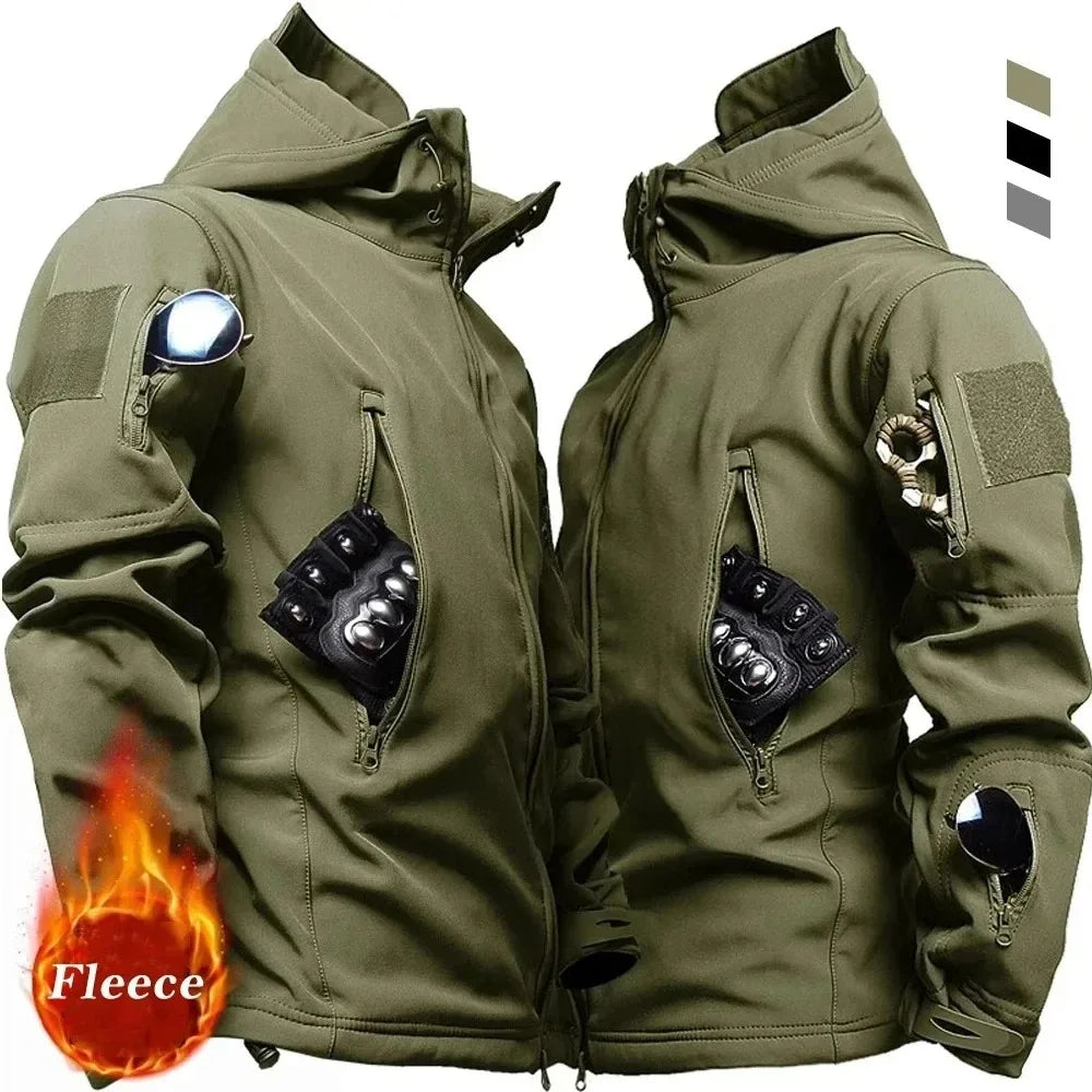 Men's hooded casual military outdoor multifunctional jacket, fashionable shark skin soft shell tactical waterproof jacket